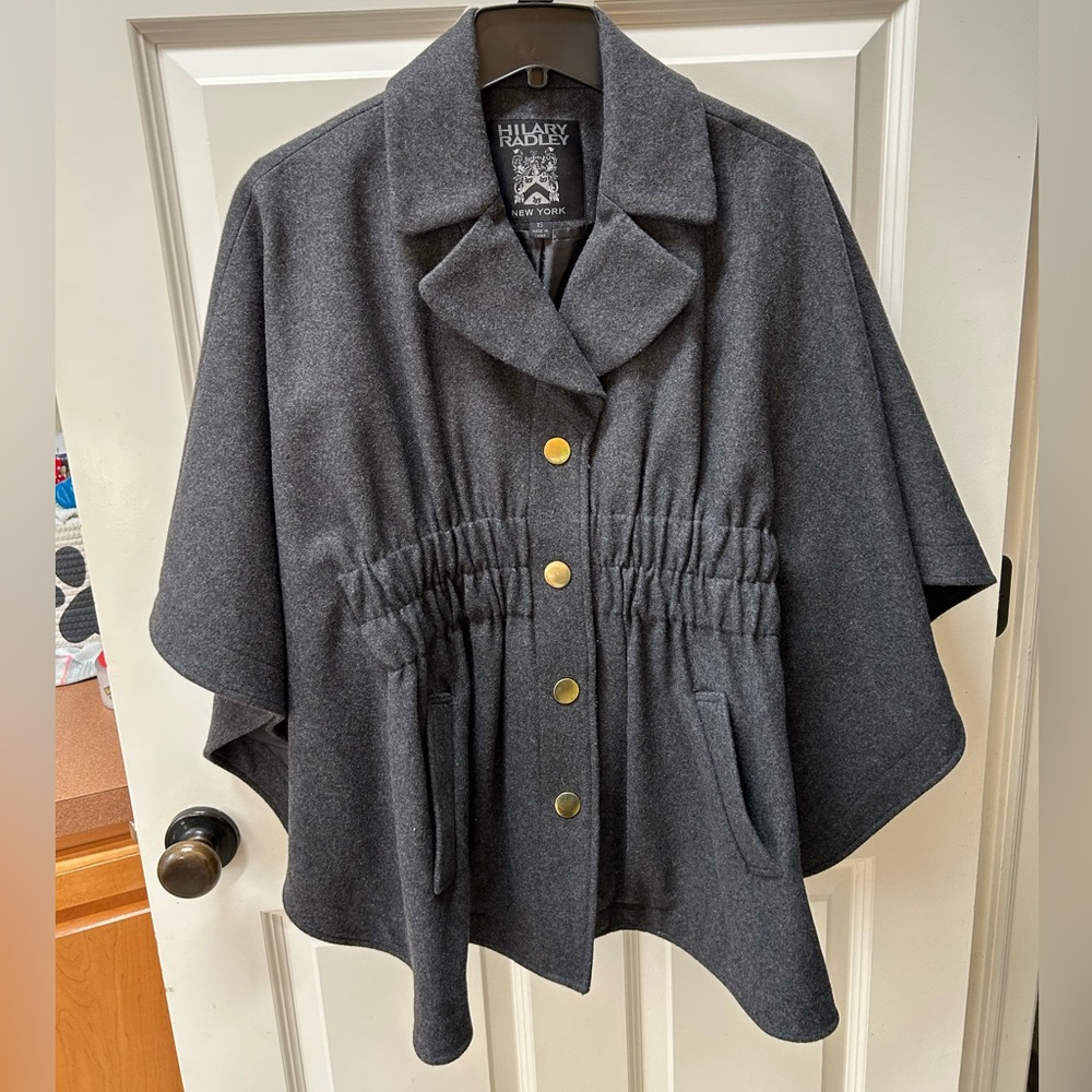 HILARY RADLEY Black Wool Cinched Poncho/Cape Coat with Batwing-sleeves